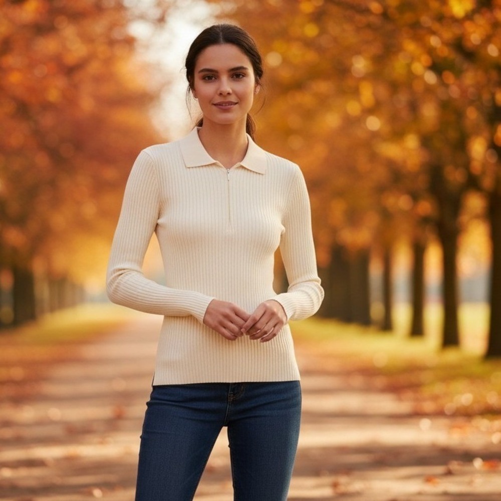 Preppy Zara Beige Ribbed Collared Quarter Zip Pullover Sweater S